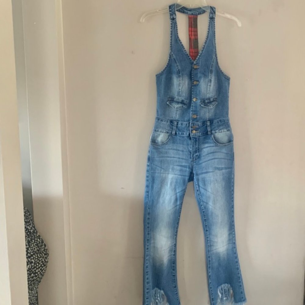 LITZ DENIM flair leg JUMPSUIT SIZE S